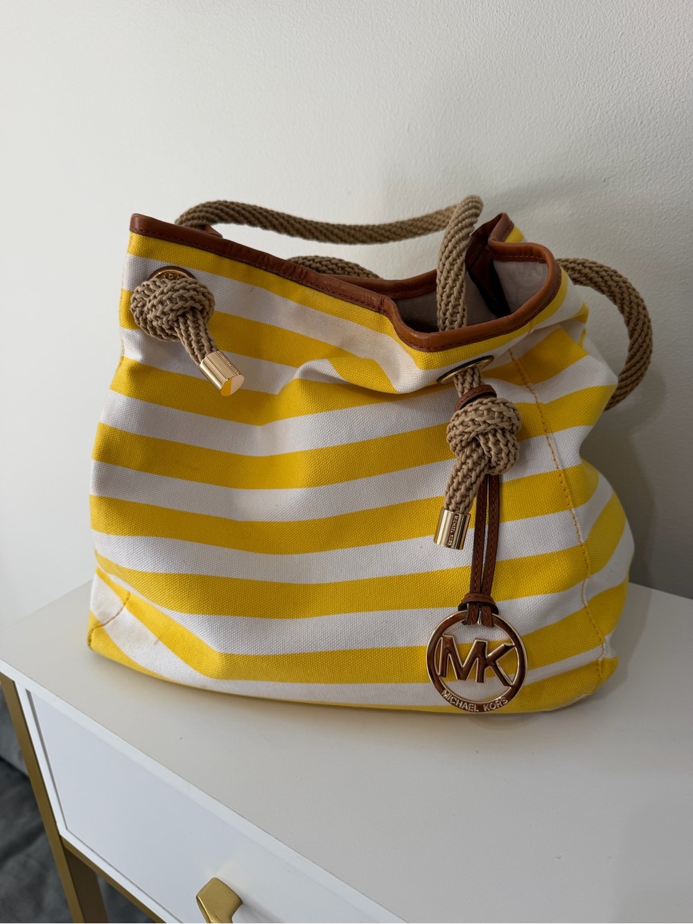 Michael Kors Yellow & White Striped Canvas Rope-Handle Tote